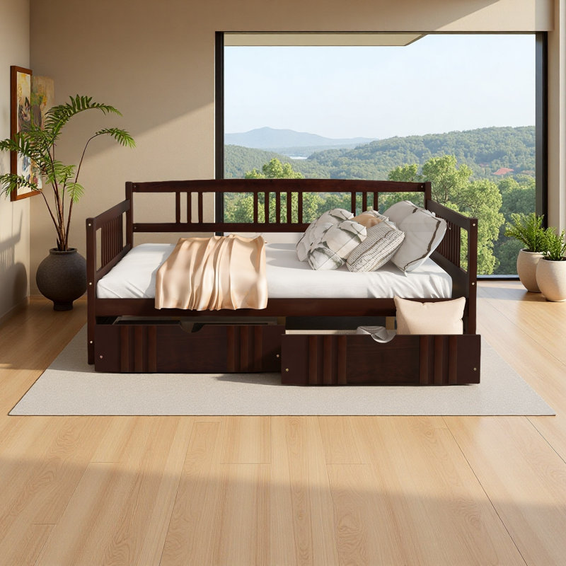 Full Size Daybed Wood Bed With Two Drawers, Espresso