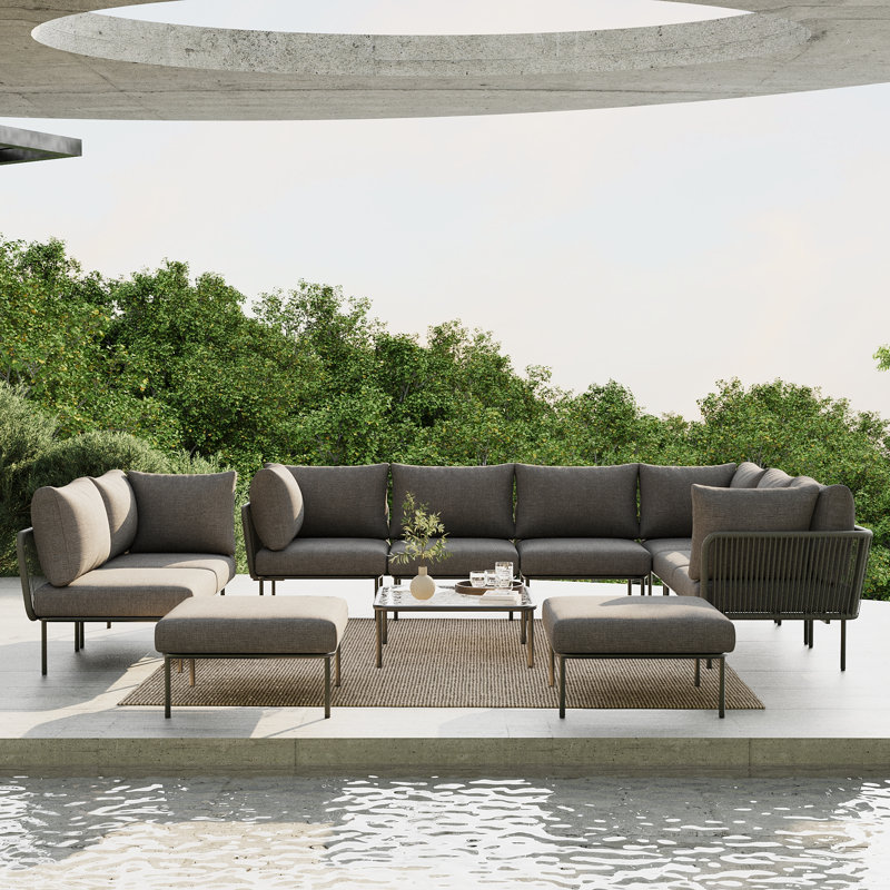 Latitude Run 11 Pieces Aluminum Patio Furniture Set, Modern Modular Sectional Sofa with Coffee Table and Upgrade Thickness Cushion