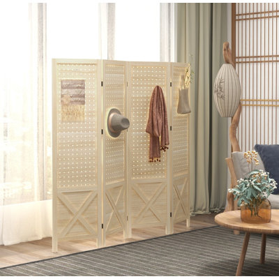 4-Panel 4.7' Tall Rustic Wood Pegboard Room Divider - Foldable Portable Privacy Partition for Home Office