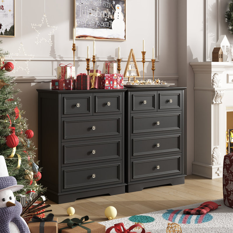 Set of 2 Tall 5-Drawer Nightstands, 35.8" High Bedside Tables, Black