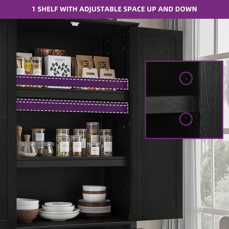 Black Farmhouse Kitchen Pantry Cabinet with Drawers and Shelves