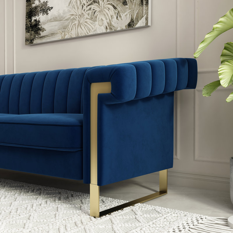 Canapé en velours à accoudoirs carrés de 83,86 po Kevionna, Velours bleu
