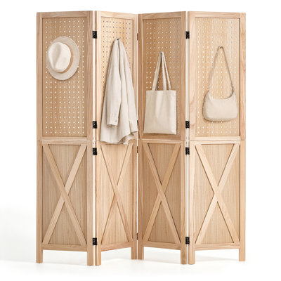 Paravent en bois à 4 panneaux perforés de 152 cm (59,8 po), pliable, avec charnières bidirectionnelles à 360°, cadre robuste à motif en X, cloison rustique en bois avec quincaillerie, idéal pour séparer les pièces et décorer votre intérieur.