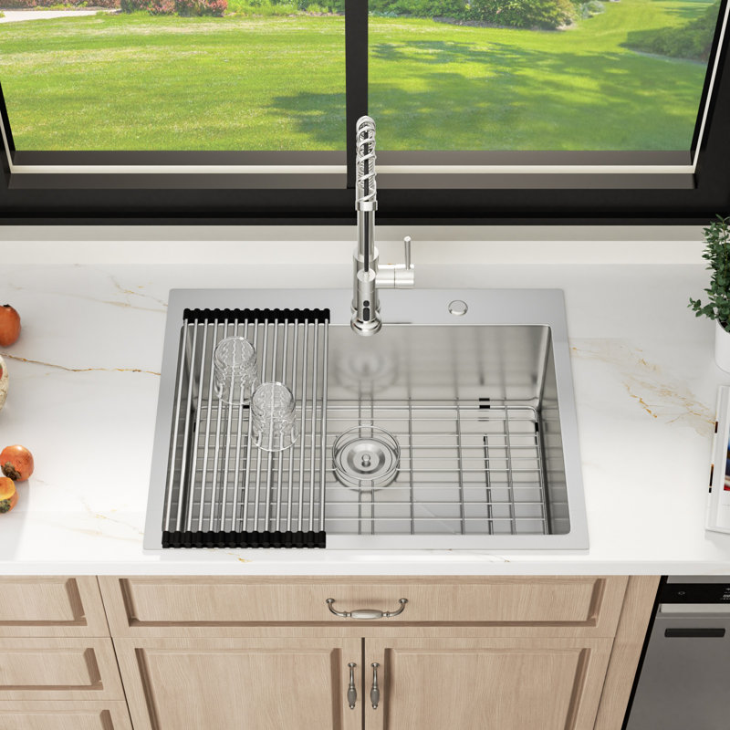 28" L x 22" W Single Bowl Stainless Steel Drop-In Kitchen Sink with Sink Grid, Silver