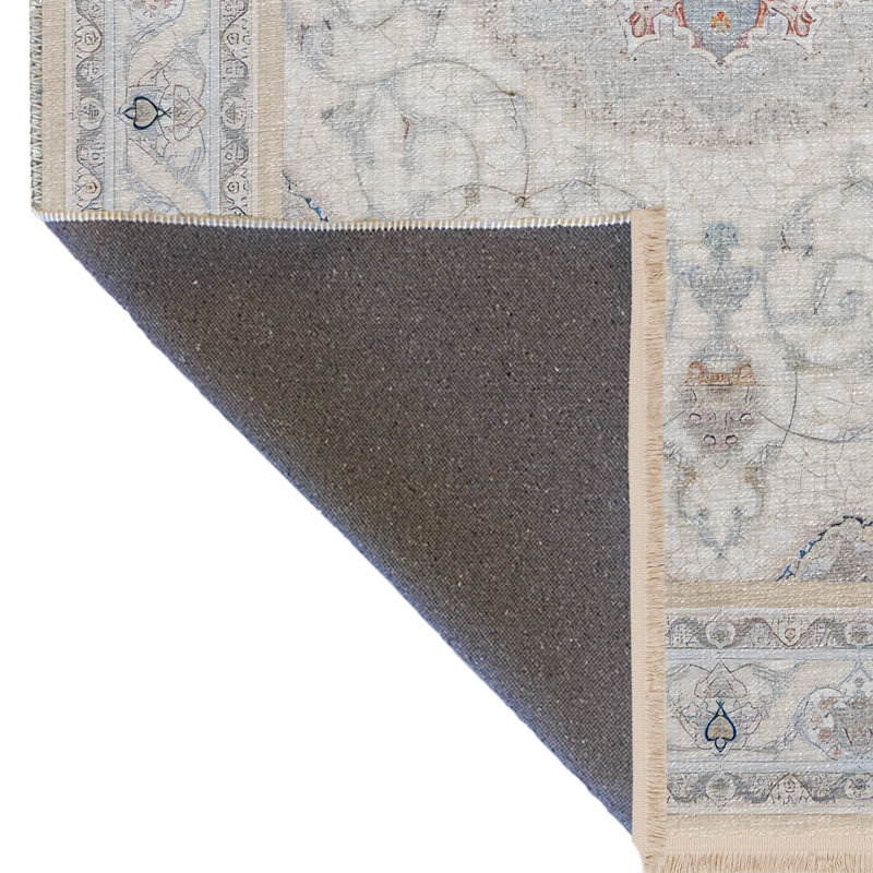 Tapis décoratif rétro à motif floral à motifs traditionnels gris et beige, Rectangle 4 pi 7,12 po x 6 pi 6,74 po