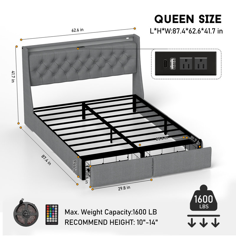 Gray Queen Upholstered Bed Frame with LED Lights and Storage