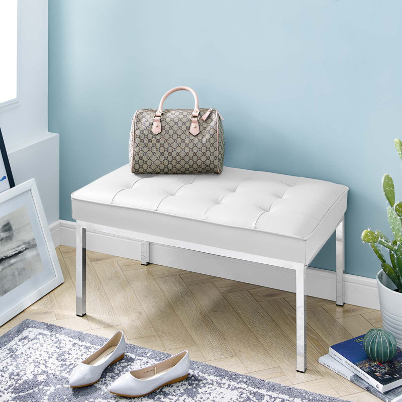 White Vegan Leather Tufted Bench with Stainless Steel Legs