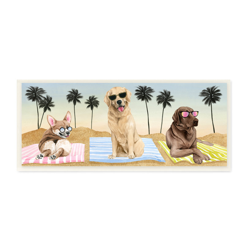 Lunettes de soleil de chiens fantaisistes, serviettes de plage, palmiers, par Grace Popp, L 24 po x H 10 po, Toile tendue