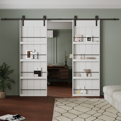 Four Shelf Double Primed Sliding Barn Door With Mounting Hardware Kit（Bookshelf Style）