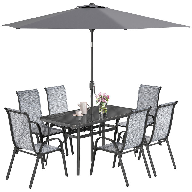 Ensemble de table et chaises de patio 8 pièces avec parasol 9 pi, ensemble repas d'extérieur avec table de salle à manger 4,6 pi et 6 chaises, parasol à bouton-poussoir et manivelle, plateau en verre trempé, gris mélangé