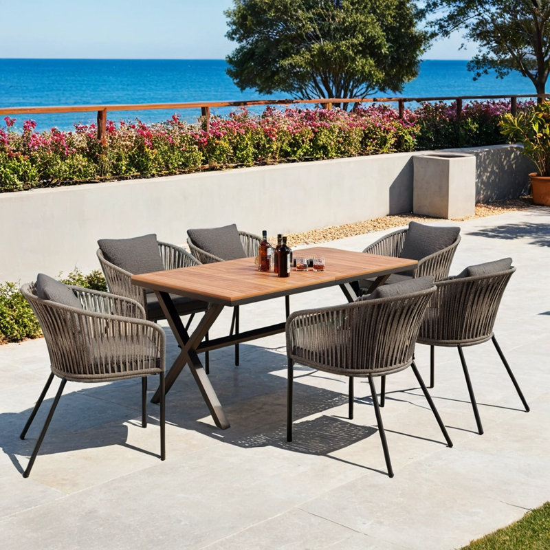 Ensemble repas 7 pièces pour patio toutes saisons avec plateau en bois d'acacia