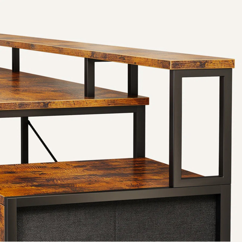 Sholpan LED L-Shaped Desk with Cabinet with Power Outlets, 35" H x 67.8" W x 39.4" D, Brown/Black