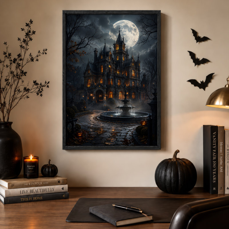 Manoir gothique avec fenêtres illuminées et citrouilles - Toile murale d'Halloween, H 48 po x l 32 po