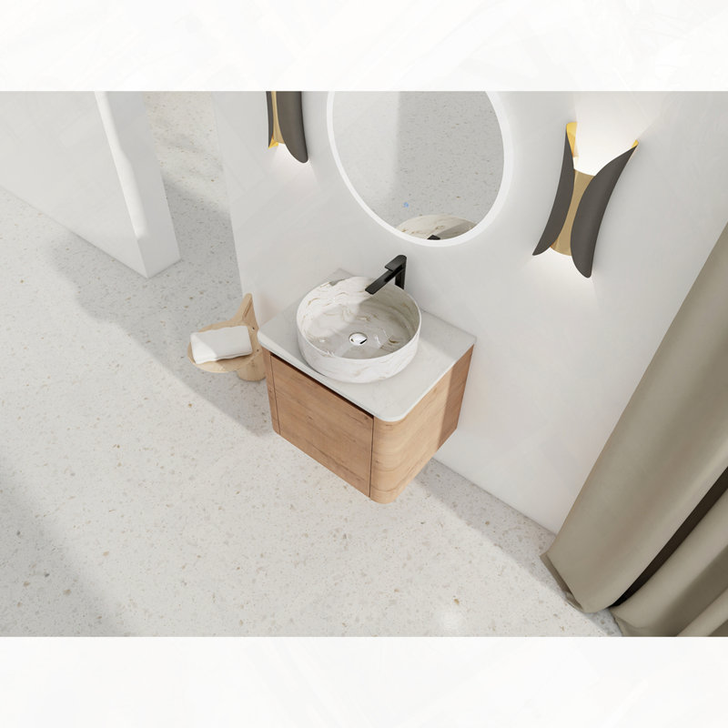 Meuble-lavabo mural avec lavabo d'art en céramique et porte à fermeture en douceur, Imitation chêne