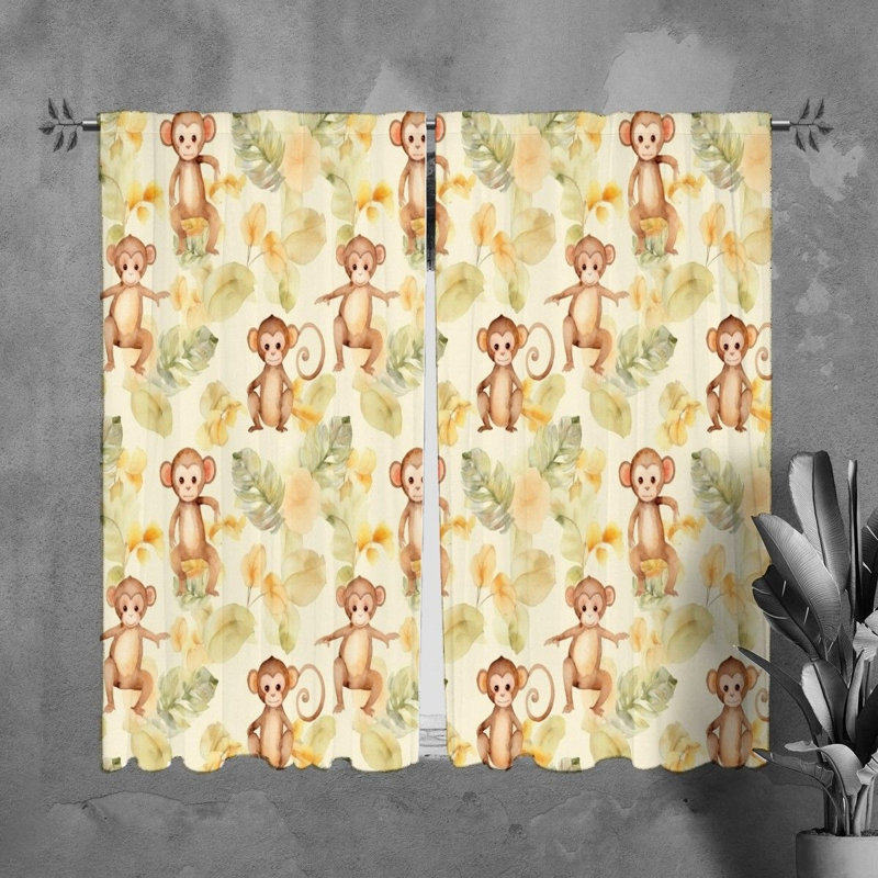 Monkey Window Curtains Animals Yellow Drapes, H 82 po x l 20 po