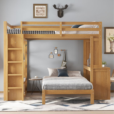 Grand lit superposé simple avec lit inférieur démontable et bureau, structure de lits superposés en bois massif avec tablettes intégrées et garde-robe, peut être converti en lit mezzanine