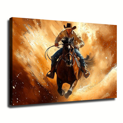 Tableau western dynamique représentant un cowboy à cheval au galop, grande toile tendue sur châssis pour salon ou chambre.