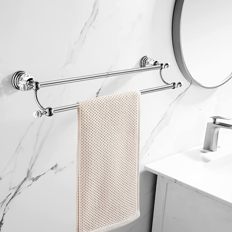 Towel Bar, Adjustable Double Towel Holder, Silver Crystal Bathroom Towel Racks Wall Mounted, Silver