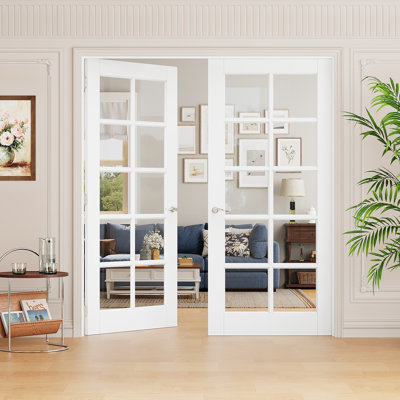 Interior 10-Lite Clear Glass Door, CARB P2 MDF & SGCC Tempered Glass French Doors, Satin Nickel Hardware-Privacy Door Lever with Lock, Latch & Hinges, Pre‑Finished & Waterproof, Pantry, Bedroom, Bathroom & Closet, Easy DIY Stain, 72"x 80"