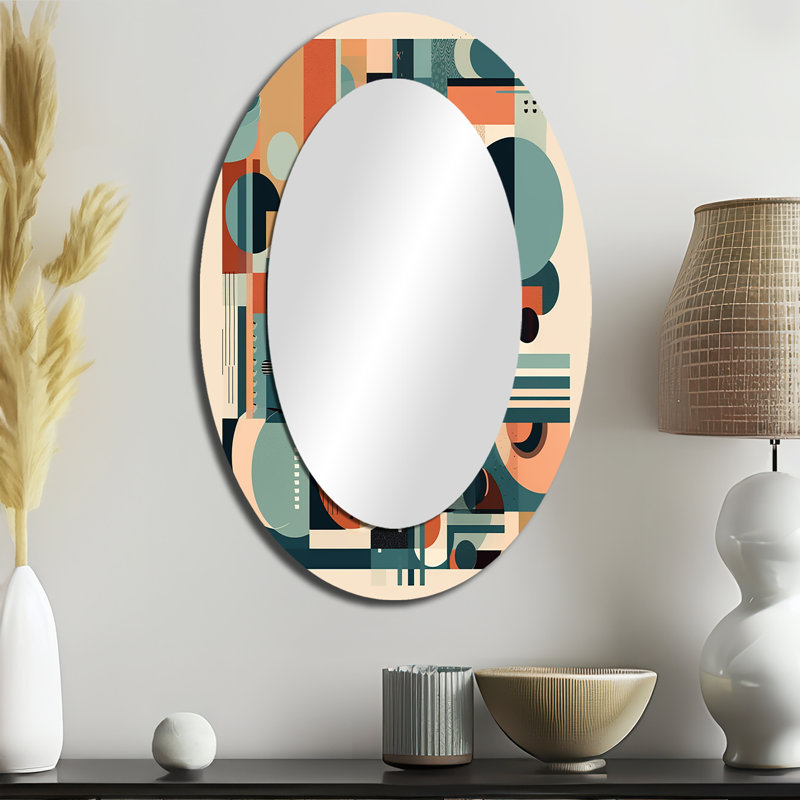 Blue And Orange Minimalistic Artwork II - Orange Oval Wall Mirror Decor, 36" x 24"