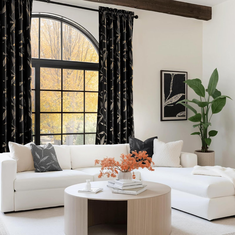  Vintage Velvet Curtains Leaf Patterned Gold Foil Printed Blackout Drapes for Living Room, Thermal Insulated Soft Luxury Home Decor for Bedroom, 2 Panels