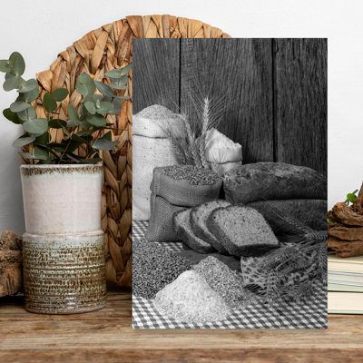 1970S Harvest Farm Still Life Of Bags Of Grain Wheat Flour Rye Loaf & Slices Of Homemade Bread Classic Retro Vintage Autumn Landscape Wall Art