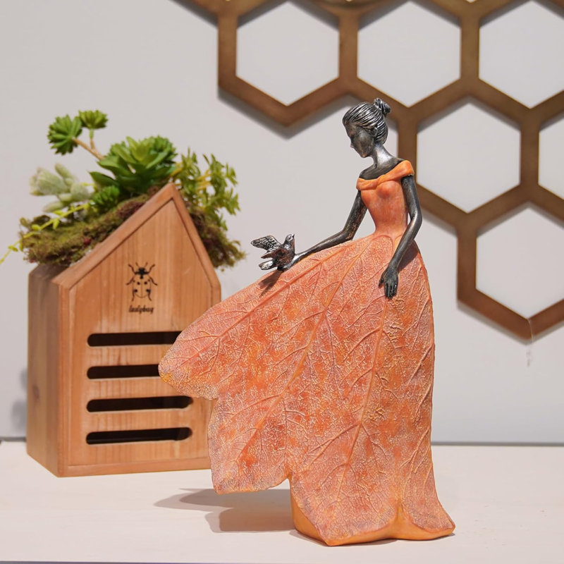 Statue de fée, décoration de la maison - feuille d'ange orange, résine, automne, décoration de Noël pour l'extérieur ou l'intérieur, jardin, décorations de jardin extérieures, figurines, cadeau, 8,5 x 5,25 x 12 pouces