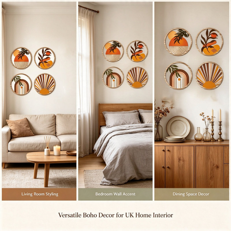 Boho Wall Art, 4 Piece Round Wooden Wall Decor Set