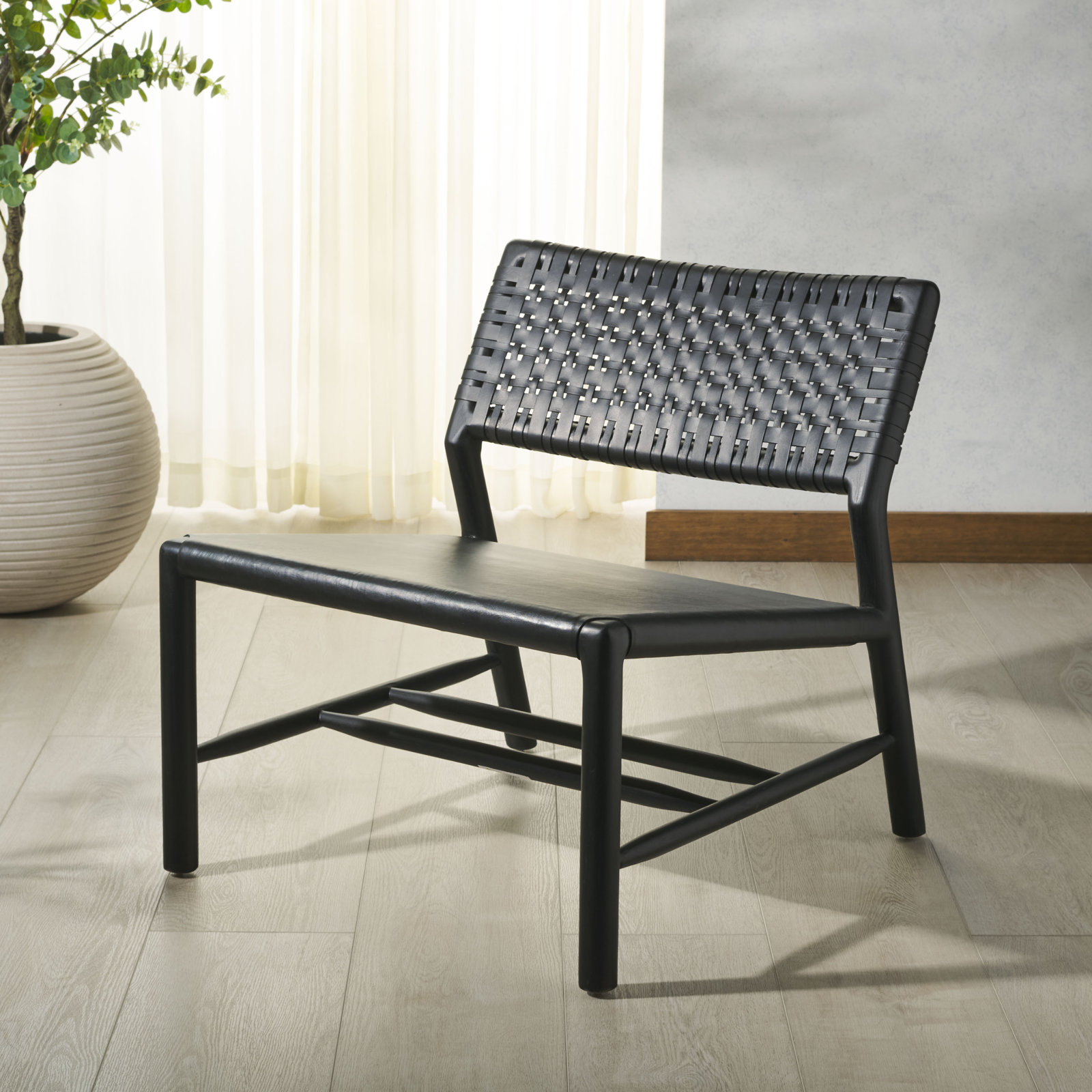 Genuine Leather Accent Chair, Black, Black Leather