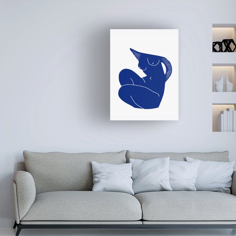 Petit doyen bleu assis sur toile nue, H 35 po x l 47 po