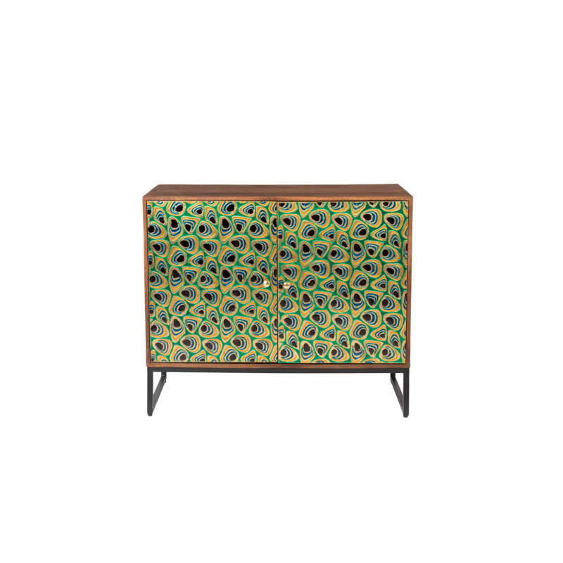 Meena Gold and Black Mango Wood Accent Cabinet with Peacock Feather Inlay