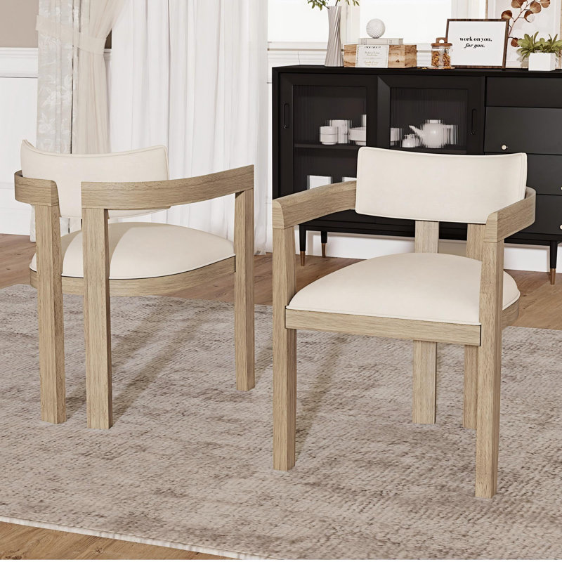 Linen Upholstered Armchair in Beige, 2, Natural Wood