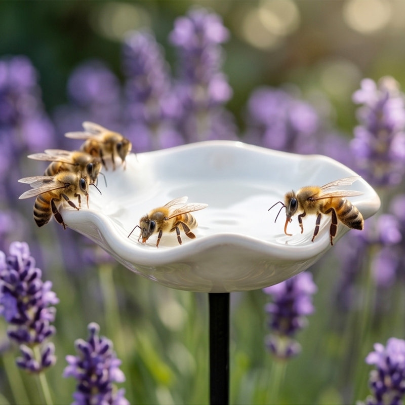 Abreuvoir en céramique émaillée avec piqueur et jardin d'insectes floraux, blanc, de profondeur