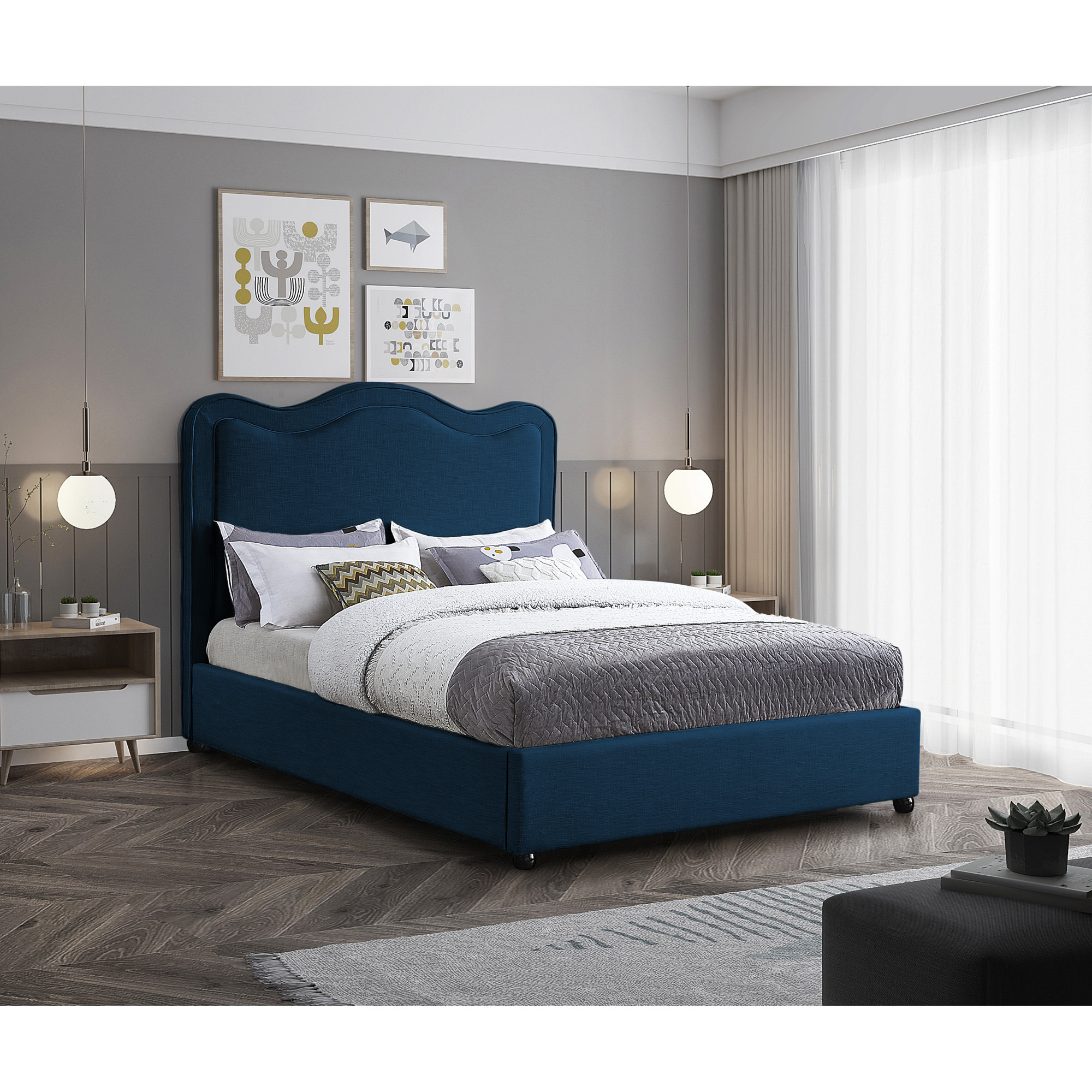 Upholstered Scalloped Bed, Full/Double, Bed Navy Linen
