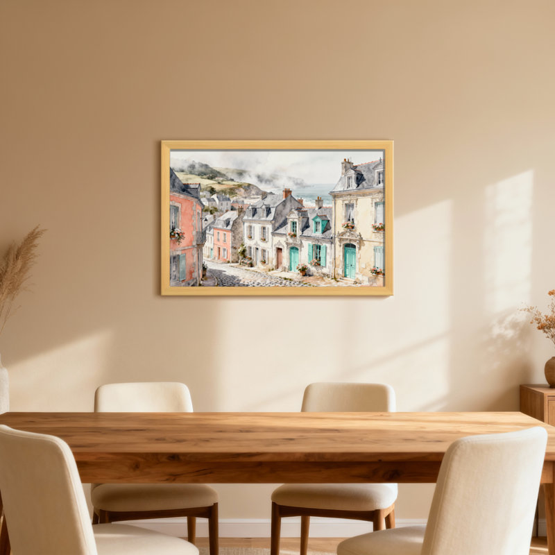 Scène d'aquarelle de village européen pittoresque, H 16 po x l 24 po, Toile tendue, Ne s’applique pas