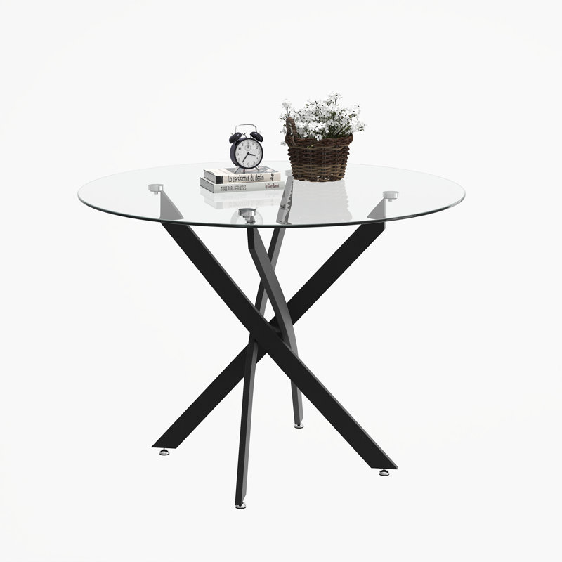Round Dining Table, 35.5" Glass Dining Table With Black Legs, Modern Kitchen Table For Home Kitchen, Dining Room, Black