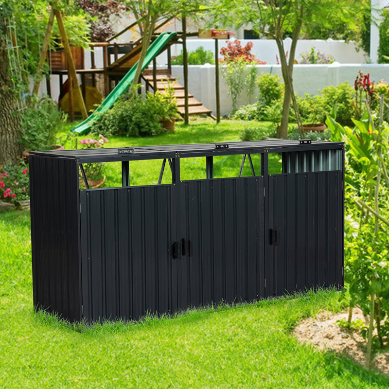 Garbage Bin Shed Stores 3 Trash Cans Metal Outdoor Bin Shed For Garbage Storage,Stainless Galvanized Steel, Bin Shed For Garden Yard Lawn