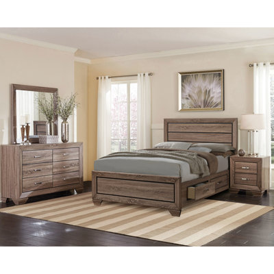 Grand lit avec table de chevet, commode, miroir, taupe délavé, chambre à coucher avec tiroir lisse, 4 pièces, grain de bois naturel, impact visuel