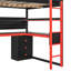 Lit mezzanine en bois pleine grandeur avec escalier de rangement, bureau, tablettes et panneau perforé, noir et rouge-607960438-607960439