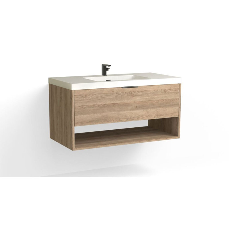 Modo 42" W Wall Mounted Single Bathroom Vanity, Nimbus, Matte Black, Gloss White/Single