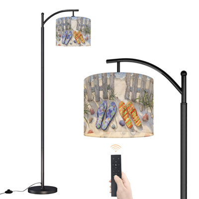 Arc Floor Lamp with Adjustable Lampshade Contemporary Coastal Ocean Summer Flip flops Sand Fence Seashells Standing Lamp 3 Color Temperatures Dimmable Tall Pole Lamp with Foot Switch for Bedroom