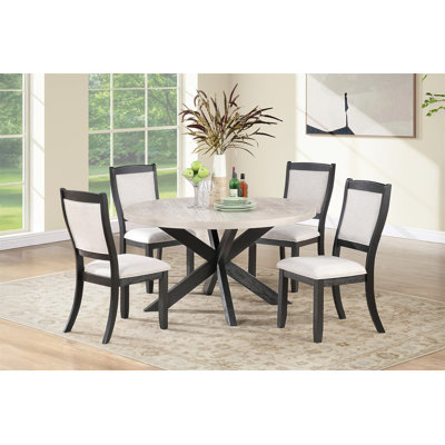 Table de salle à manger ronde de style transitionnel 4 x chaises d'appoint en bois massif noir antique plaqué chêne