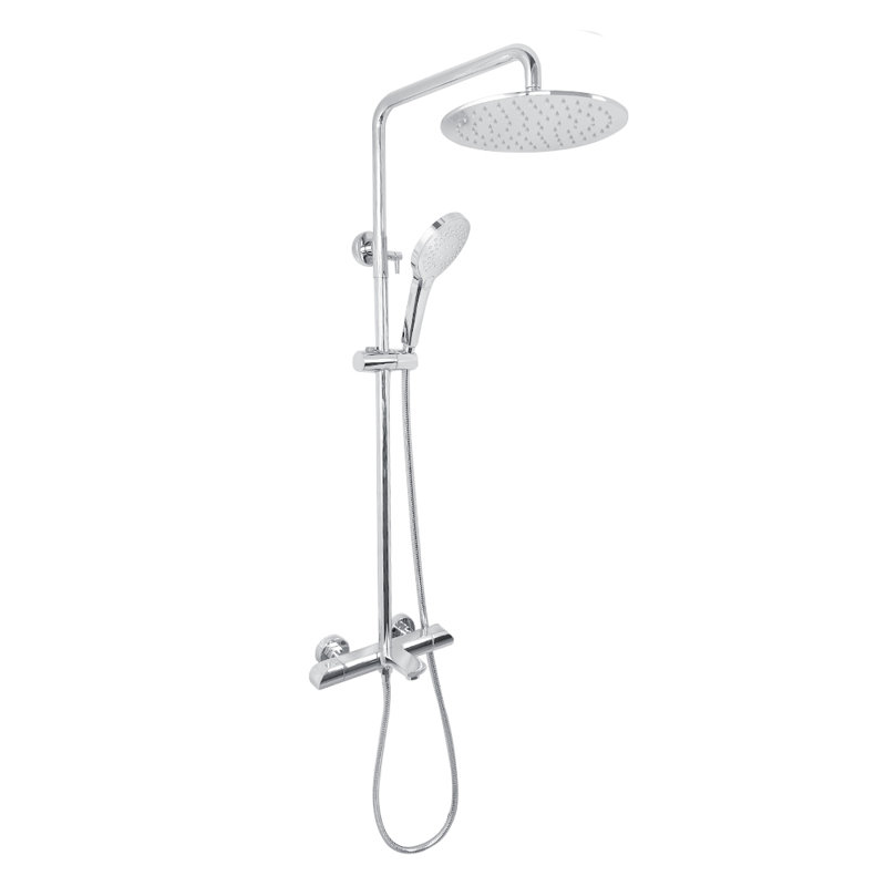 Système de tuyau de douche thermostatique exposé à trois fonctions Zen avec pomme de douche à pluie ronde 10inc et douchette à main et bec de baignoire à 3 fonctions