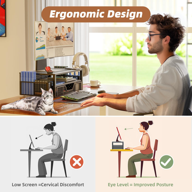 2 Tier Metal Monitor Stand Monitor Riser And Computer Desk Organizer With Drawer And Pen Holder For Laptop