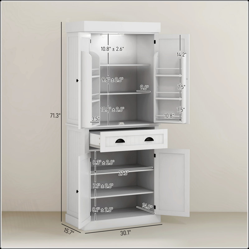 Armoire de cuisine de style nordique avec lumières DEL, 6 tablettes de porte, un tiroir et 4 tablettes réglables pour un rangement efficace
