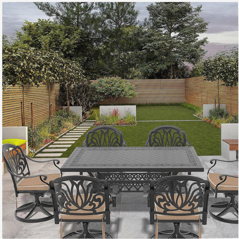 Ensemble de salle à manger 7 pièces en fonte d'aluminium toutes saisons, comprenant 6 chaises pivotantes et une table rectangulaire avec cadre noir (même sku: W1710S00457)