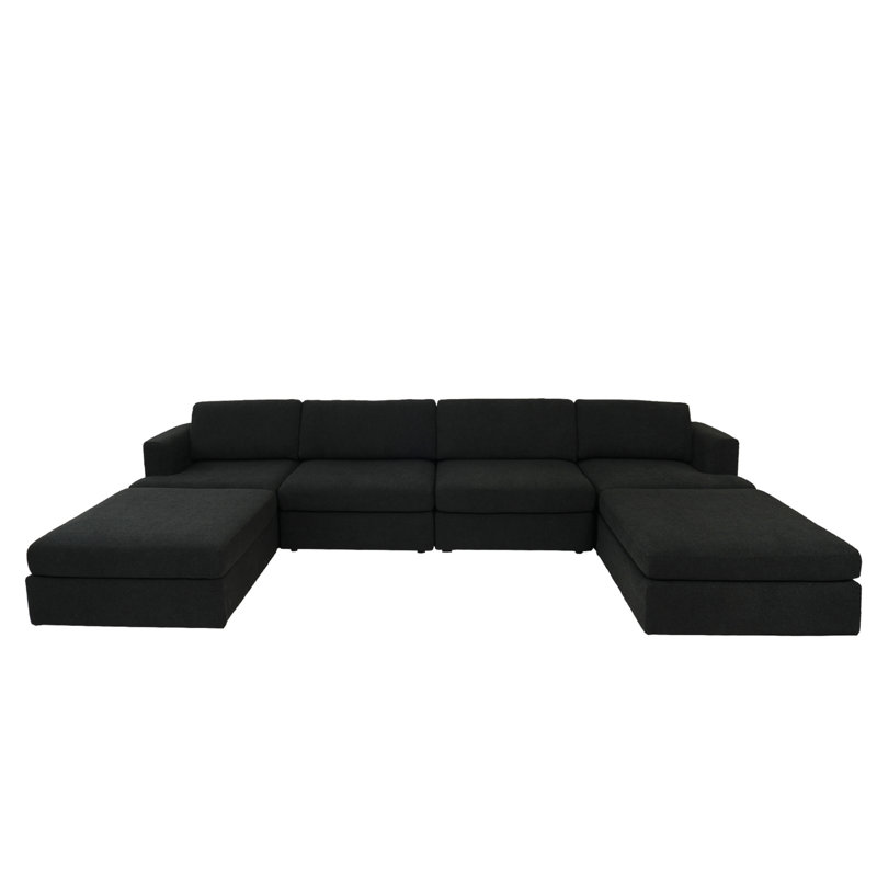6-Piece U-Shaped Upholstered Boucle Sectional Slipcovered Sofa, Black Fabric/Boucle, 26.77" H x 157.48" W x 78.74" D