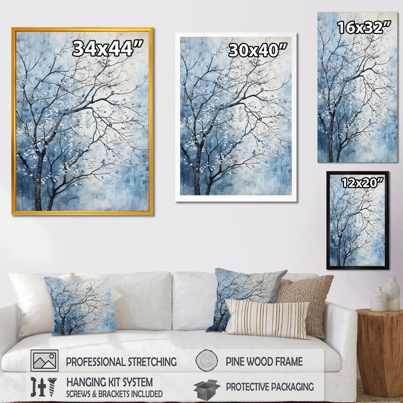 «Blue and White Tree Blooms In Winter I», art mural arbre, Cadre simple noir, H 20 po x l 12 po x P 1 po