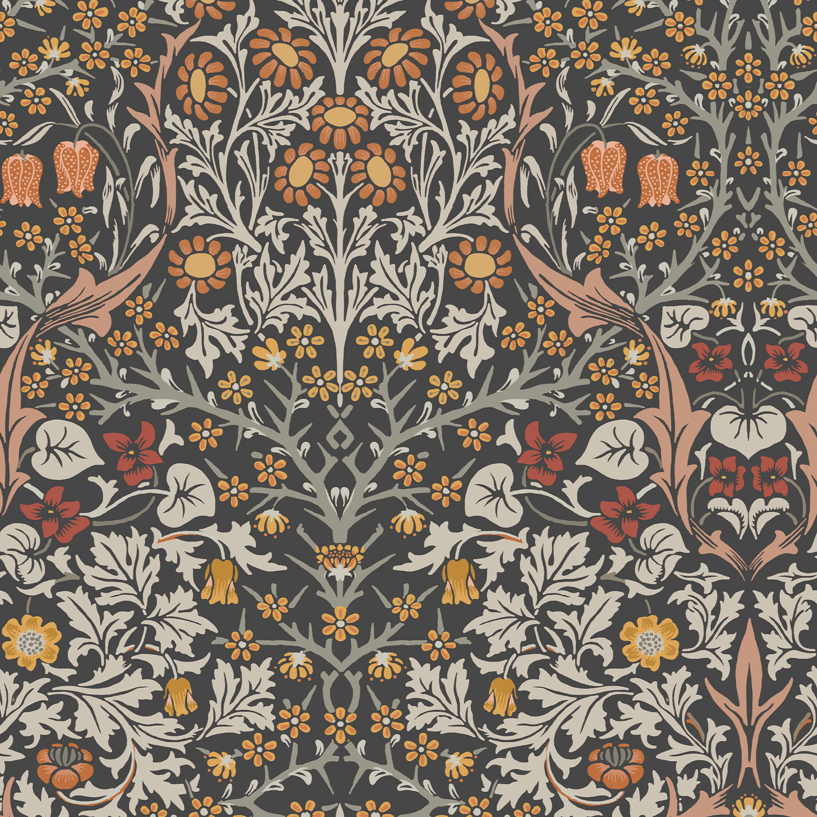 Floral Wallpaper, Charcoal ;Burnt Orange 