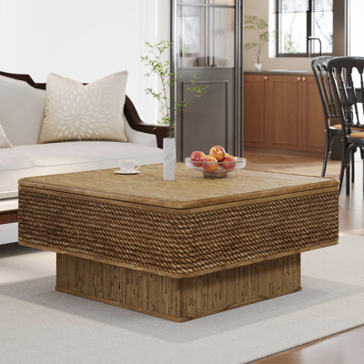 Table basse 31,52 "carrée en rotin + corde de chanvre avec fonction de rangement réglable, de style naturel rétro, pour la salle à manger